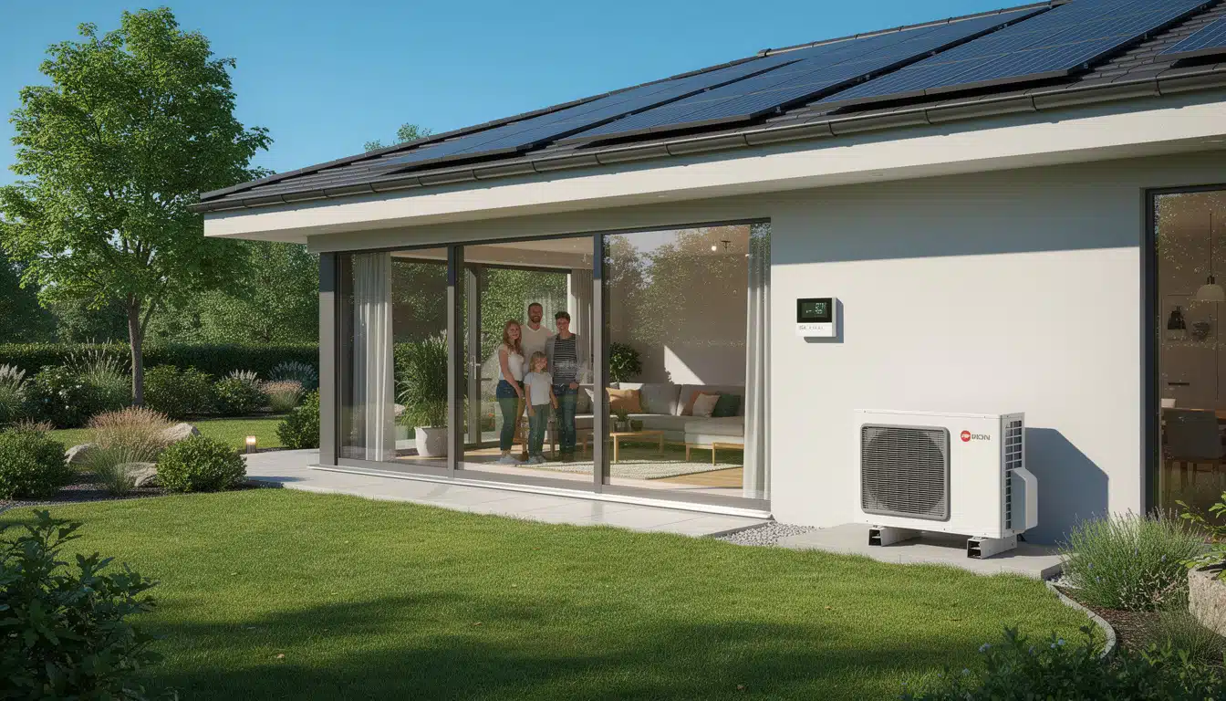 Maison avec pompe à chaleur et panneaux solaires